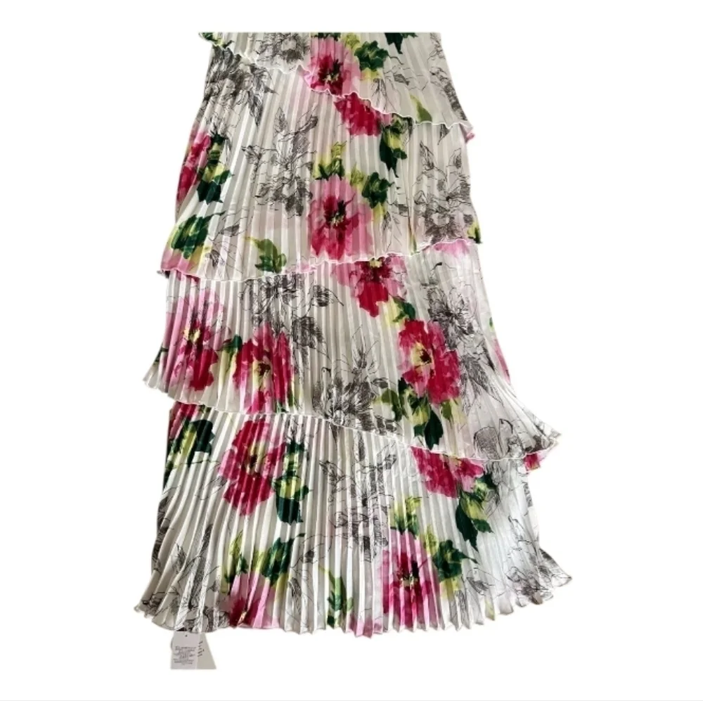 Abercrombie & Fitch Giselle Pleated Tiered Maxi Dress Satin White Floral Sz LP